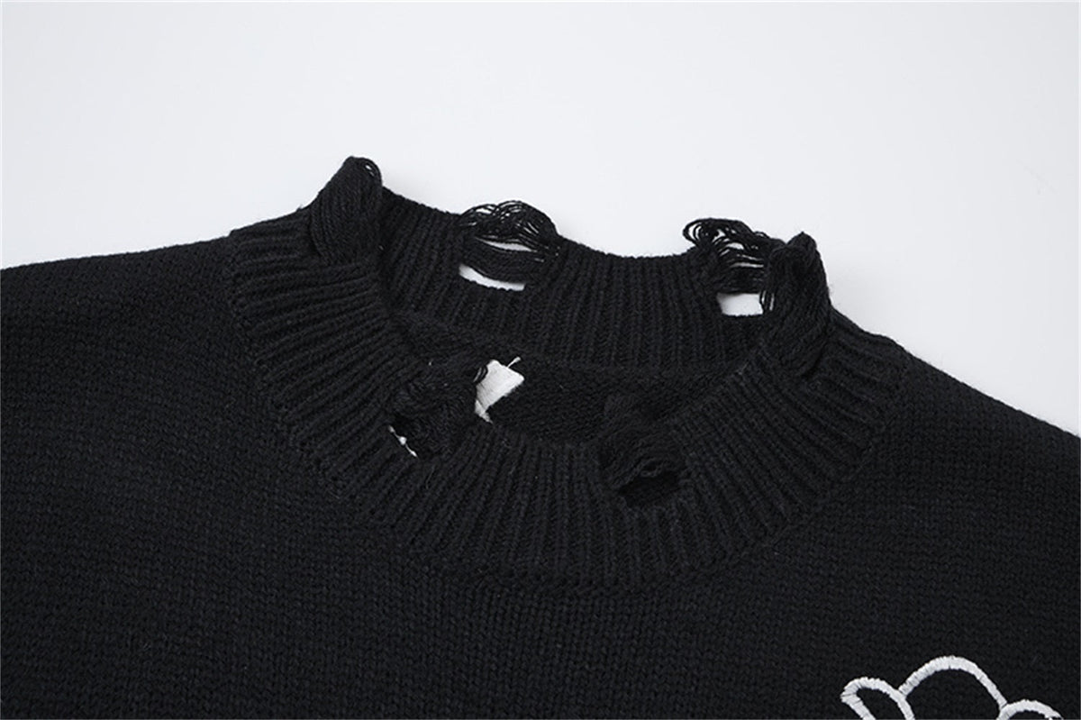 LETS ROCK CROSS EMBLEM DISTRESSED SWEATER; Black; garment construction detail