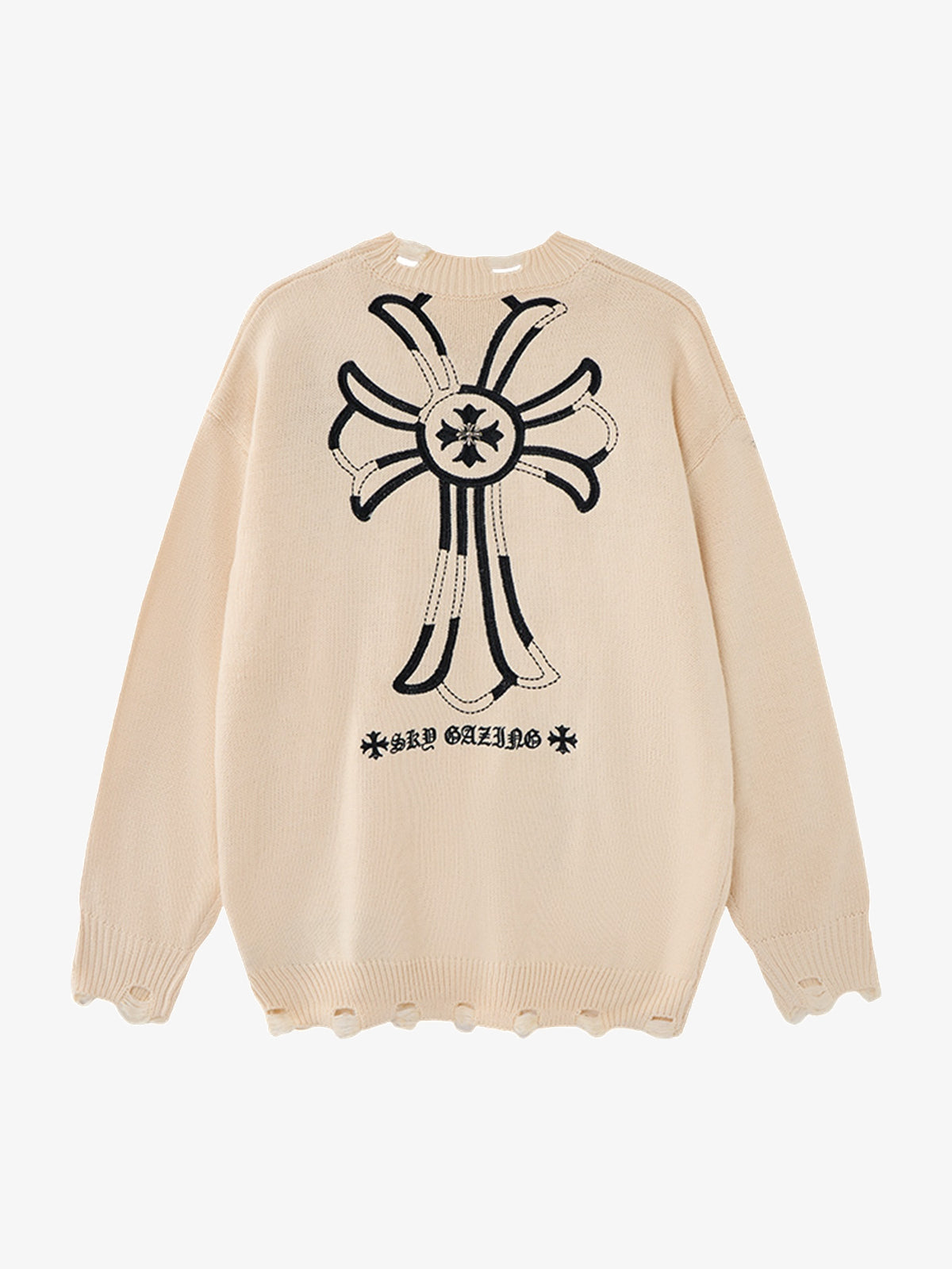 LETS ROCK CROSS EMBLEM DISTRESSED SWEATER; Beige; back view