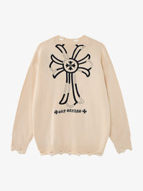 LETS ROCK CROSS EMBLEM DISTRESSED SWEATER; Beige; back view