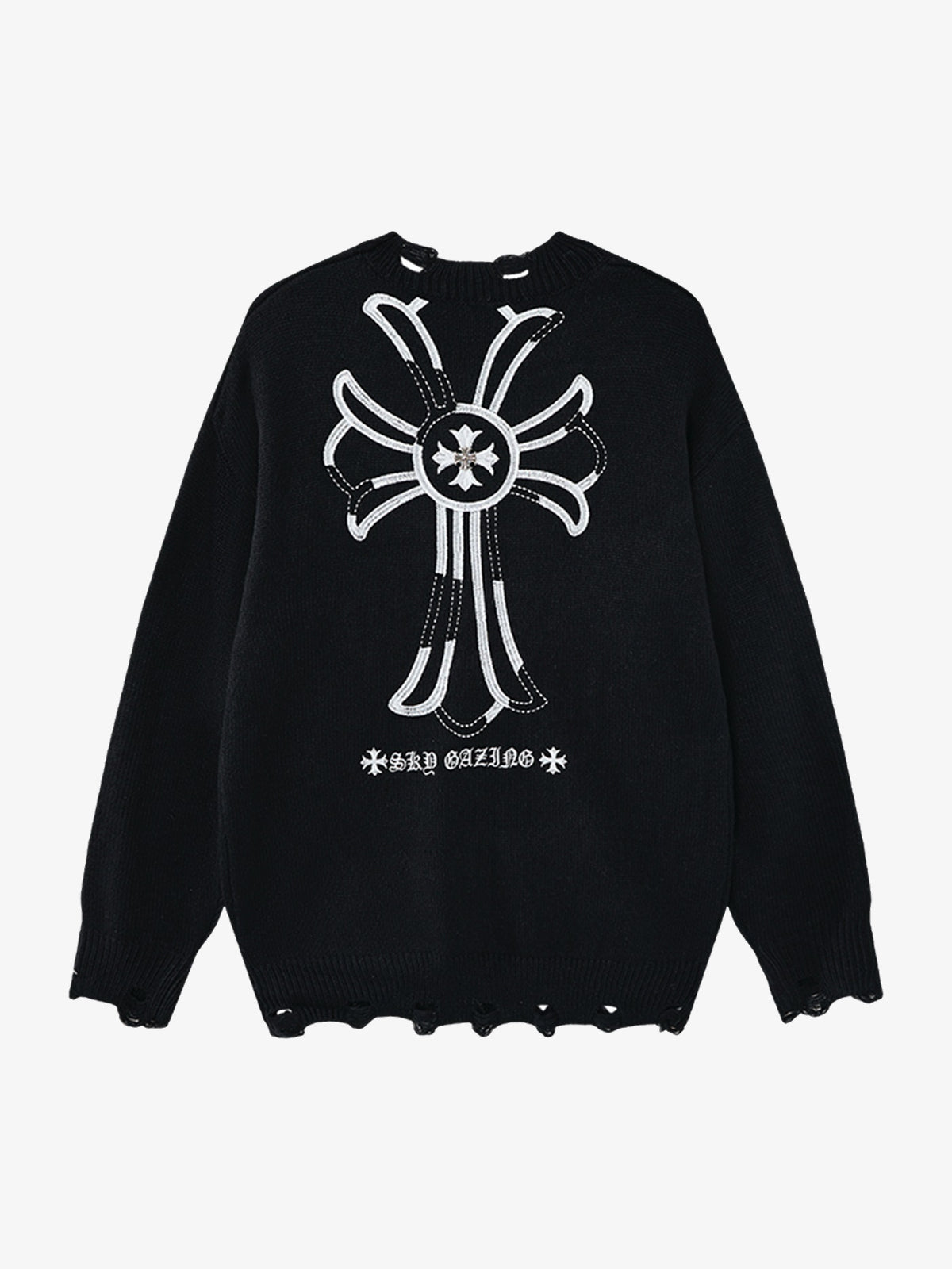 LETS ROCK CROSS EMBLEM DISTRESSED SWEATER; Black; back view