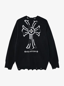 LETS ROCK CROSS EMBLEM DISTRESSED SWEATER; Black; back view