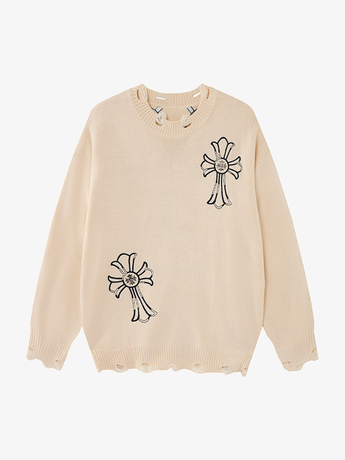 LETS ROCK CROSS EMBLEM DISTRESSED SWEATER; Beige; front view