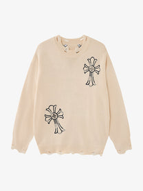 LETS ROCK CROSS EMBLEM DISTRESSED SWEATER; Beige; front view