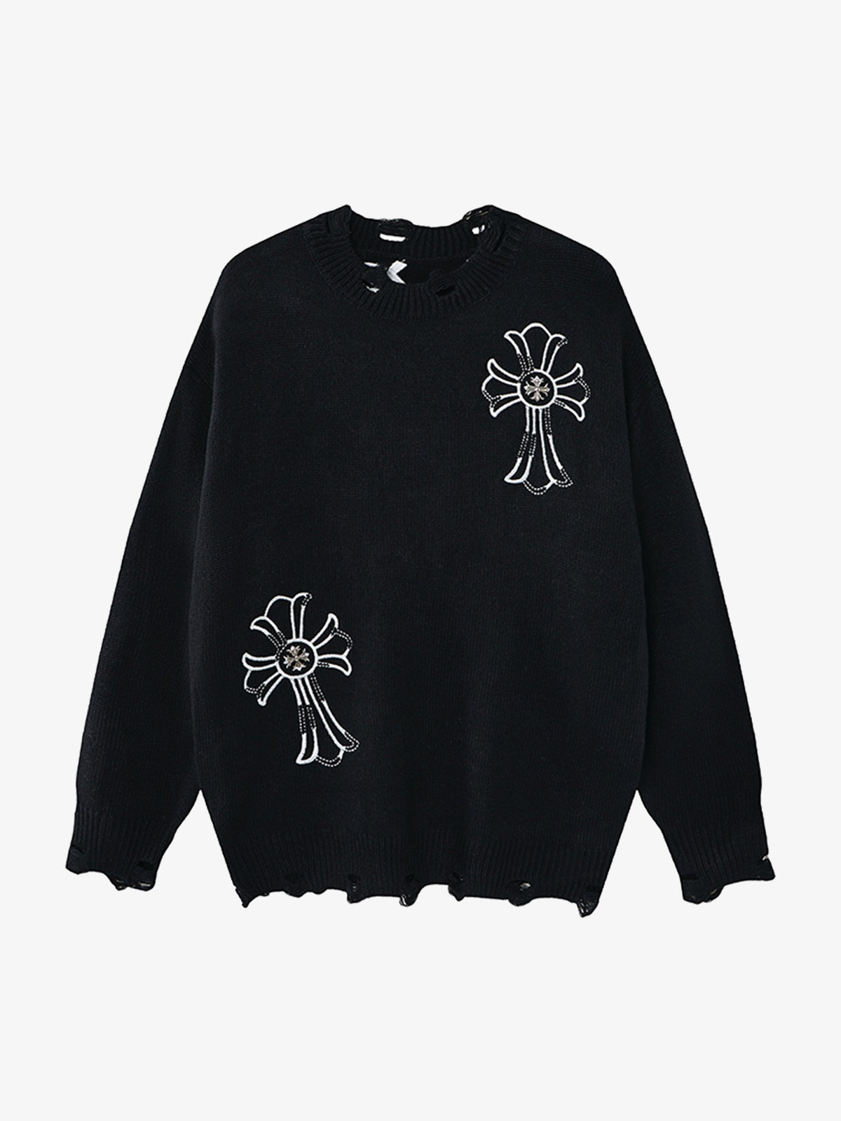 LETS ROCK CROSS EMBLEM DISTRESSED SWEATER; Black; front view