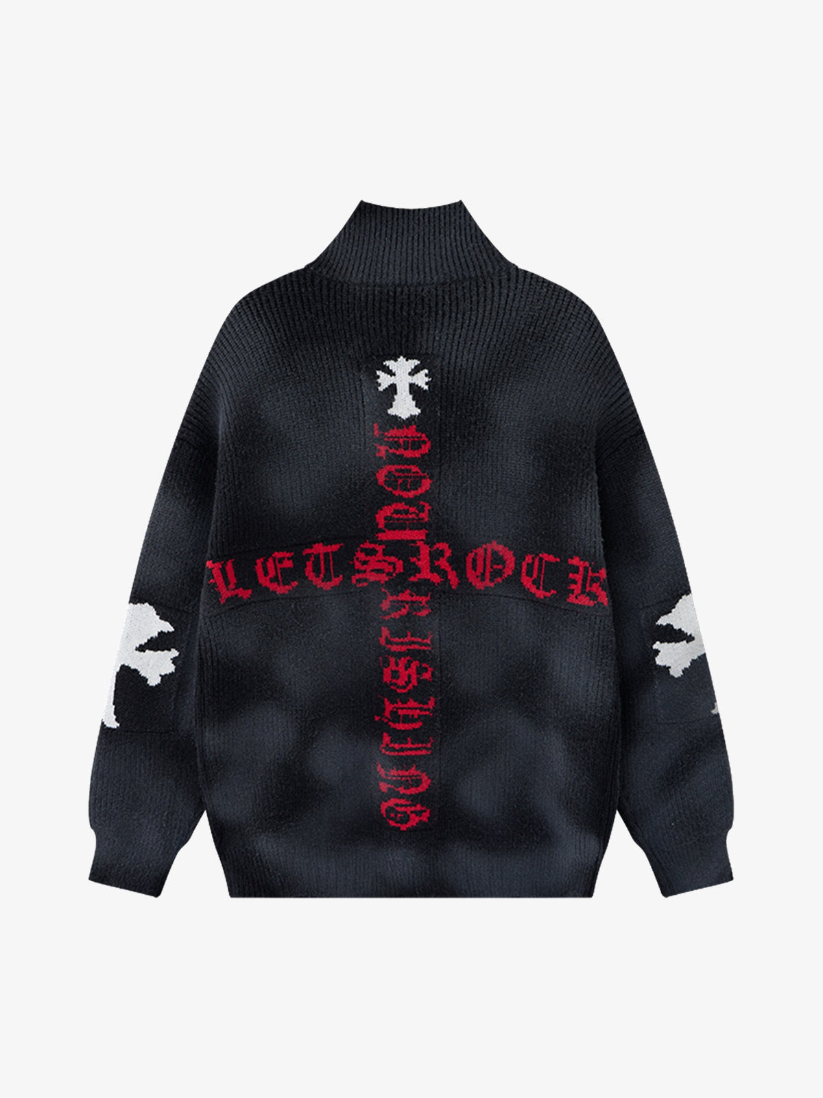 LETS ROCK CROSS SCRIPT ZIP SWEATER; Black; back view