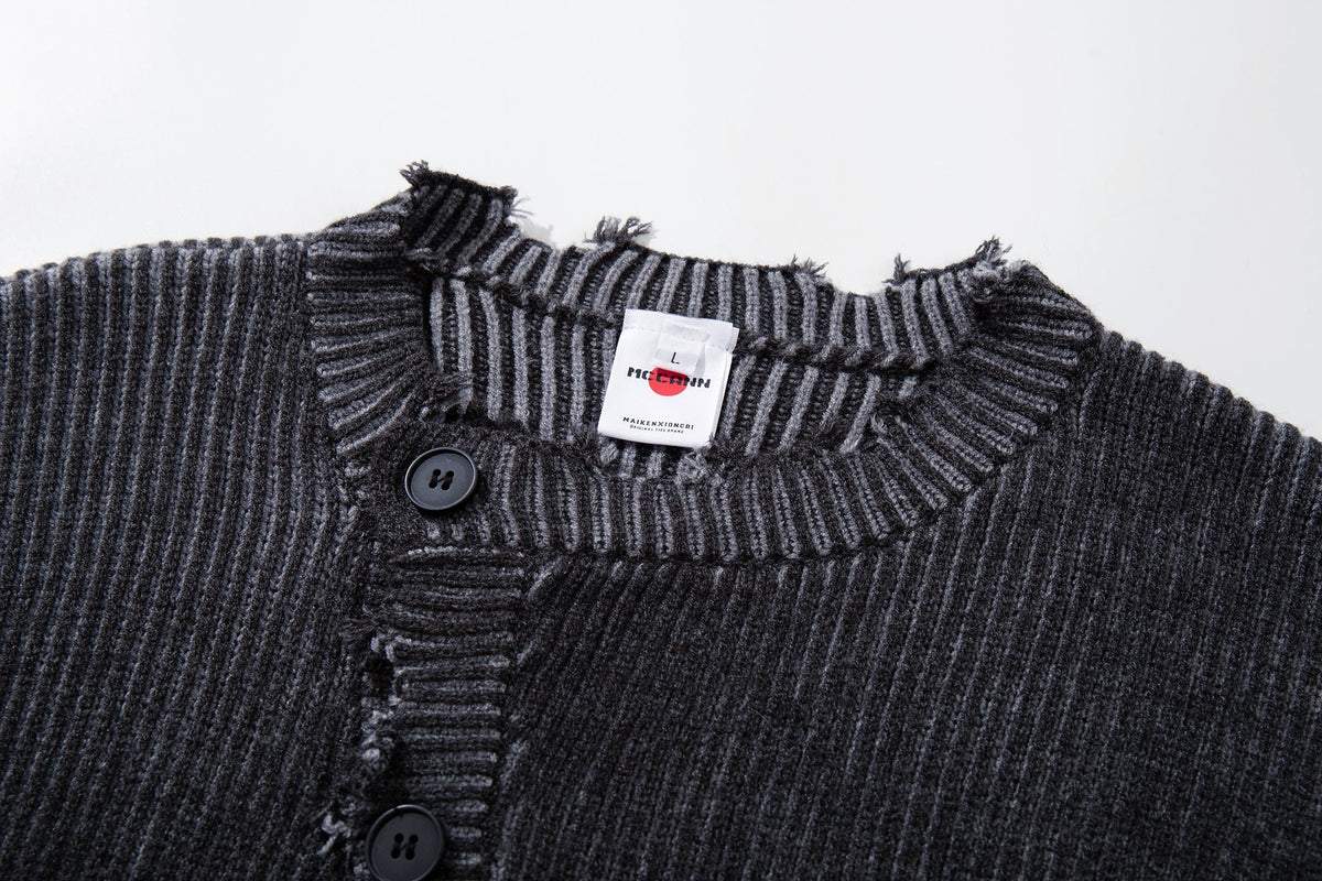 MCCNN DISTRESSED RIBBED BUTTON CARDIGAN; Gray; garment construction detail