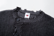 MCCNN DISTRESSED RIBBED BUTTON CARDIGAN; Gray; garment construction detail