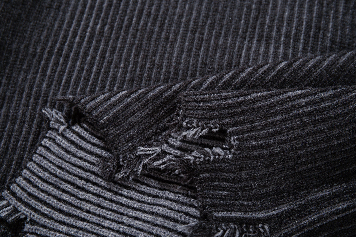 MCCNN DISTRESSED RIBBED BUTTON CARDIGAN; Gray; garment construction detail