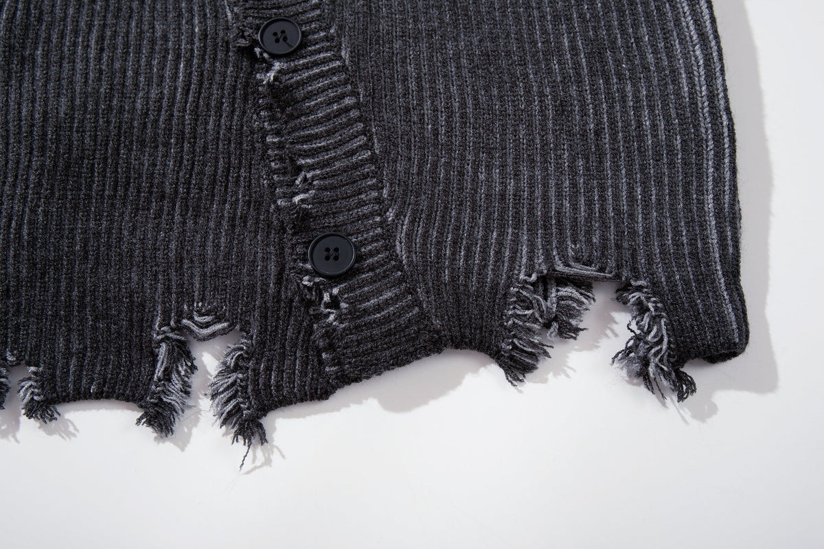 MCCNN DISTRESSED RIBBED BUTTON CARDIGAN; Gray; garment construction detail