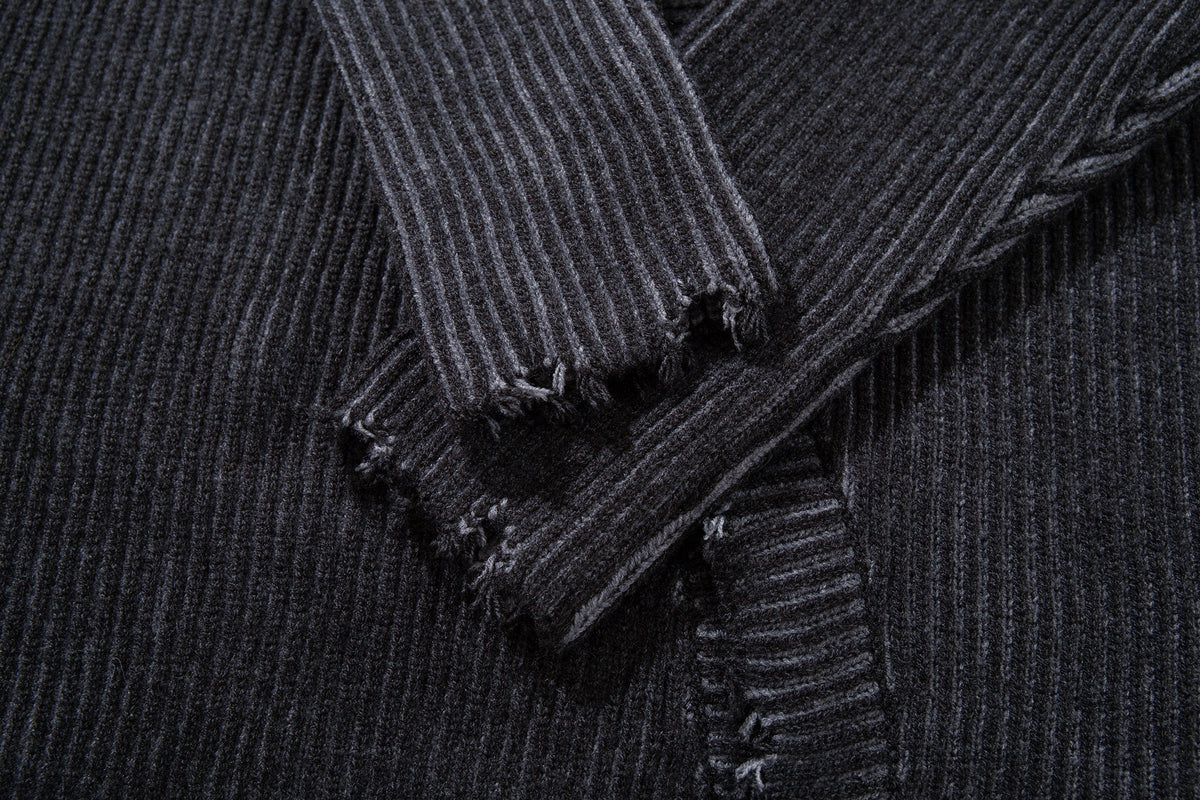 MCCNN DISTRESSED RIBBED BUTTON CARDIGAN; Gray; garment construction detail