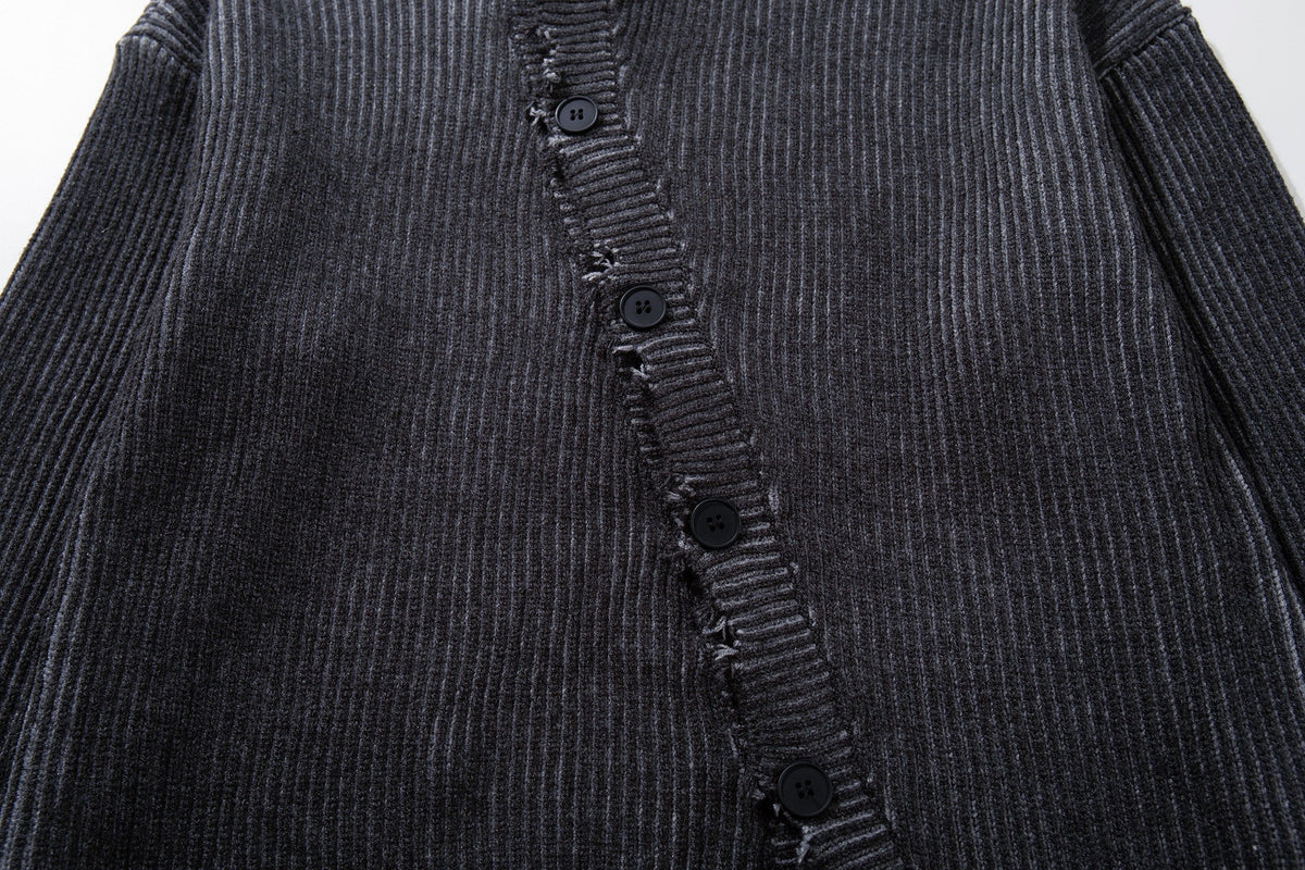 MCCNN DISTRESSED RIBBED BUTTON CARDIGAN; Gray; garment construction detail