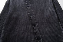 MCCNN DISTRESSED RIBBED BUTTON CARDIGAN; Gray; garment construction detail