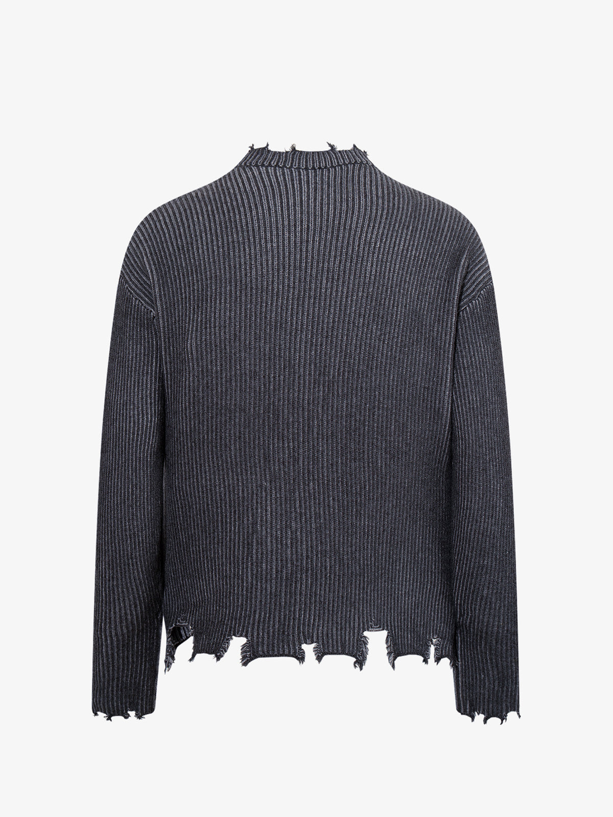 MCCNN DISTRESSED RIBBED BUTTON CARDIGAN; Gray; back view