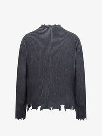 MCCNN DISTRESSED RIBBED BUTTON CARDIGAN; Gray; back view