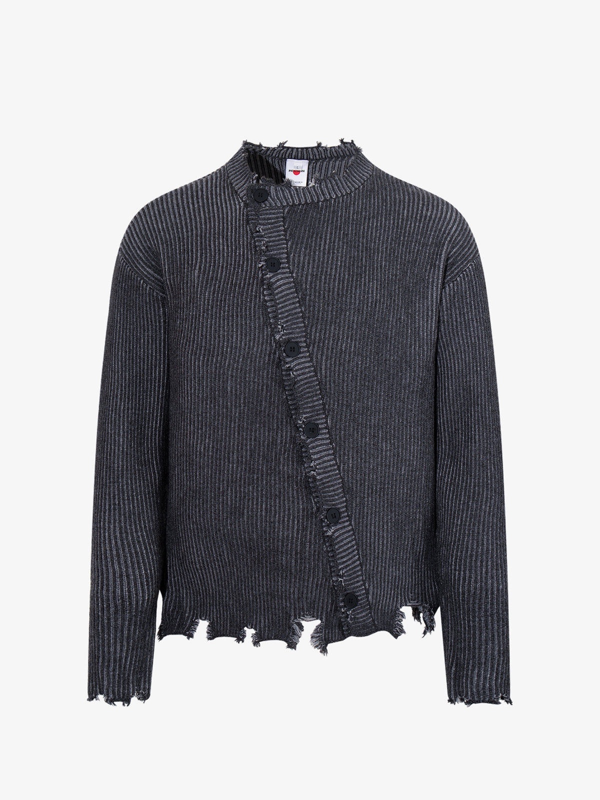 MCCNN DISTRESSED RIBBED BUTTON CARDIGAN; Gray; front view