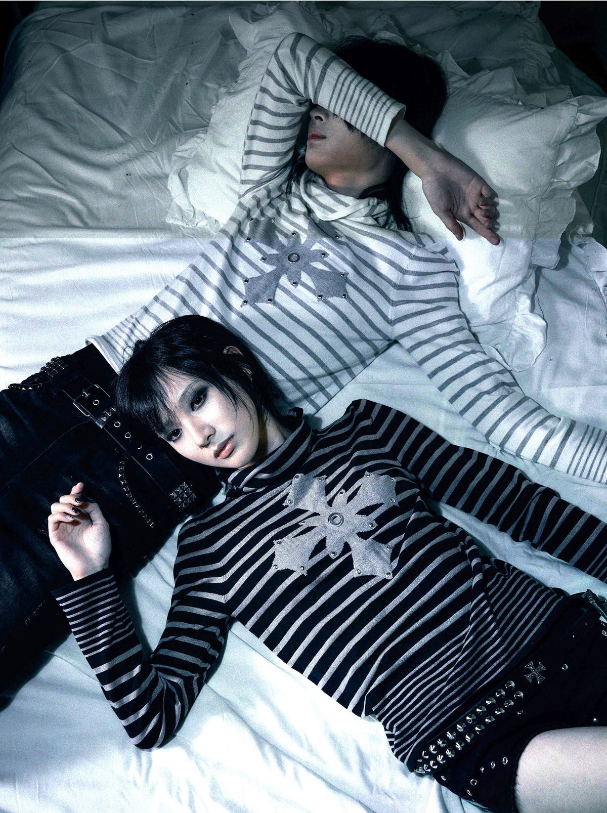 PAIKI CROSS STRIPE TURTLENECK SWEATER; Black, White; multiple colorways modeled together