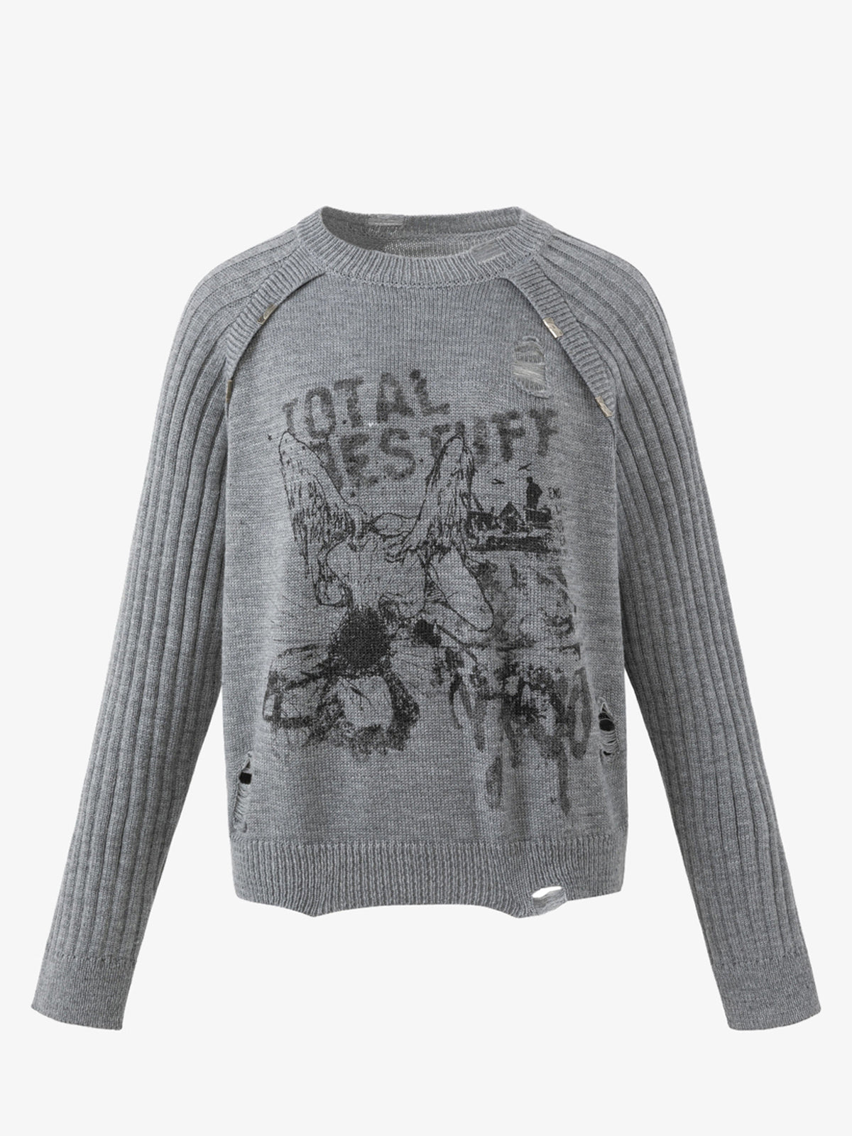 RESTARALL RIBBED PHOTO COLLAGE SWEATER; Gray; front view