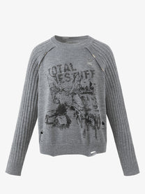 RESTARALL RIBBED PHOTO COLLAGE SWEATER; Gray; front view