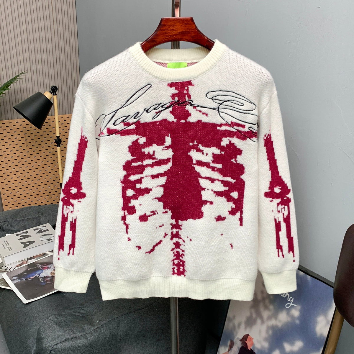 SAVAGE BASE SKELETON JACQUARD SWEATER; White; front view in a styled setting