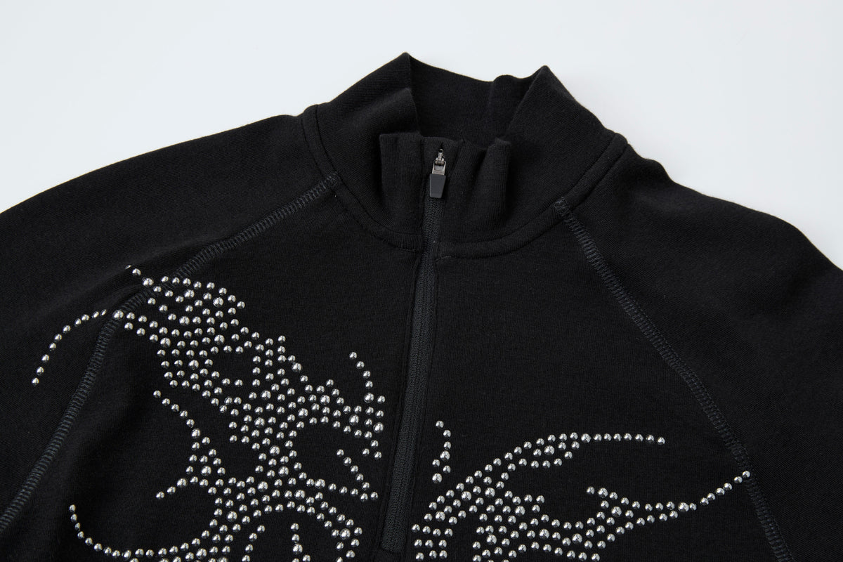 ATSF30 DRAGON PRINT ZIP NECK SWEATSHIRT; Black; garment construction detail