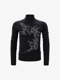 ATSF30 DRAGON PRINT ZIP NECK SWEATSHIRT; Black; front view