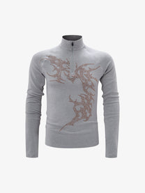 ATSF30 DRAGON PRINT ZIP NECK SWEATSHIRT; Gray; front view