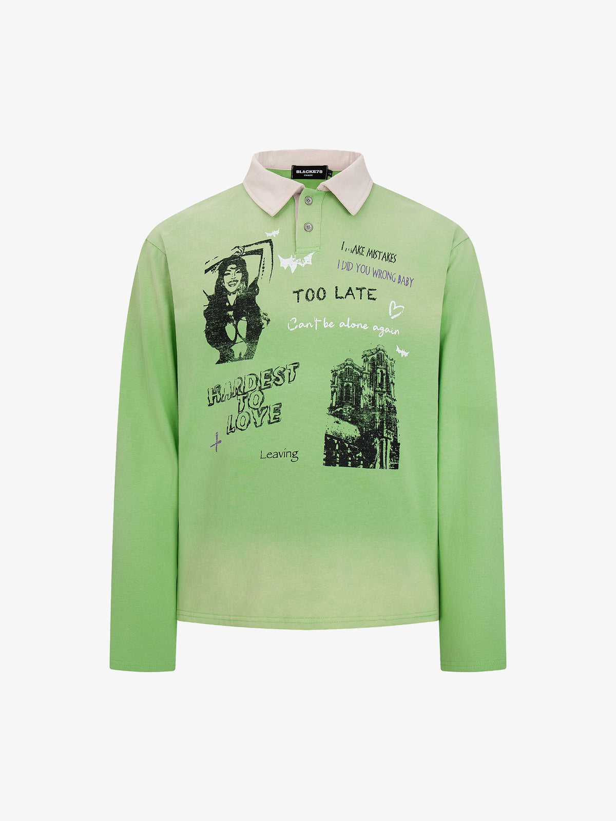 BLACK E78 GRAPHIC POLO COLLAR SWEATSHIRT; Green; front view