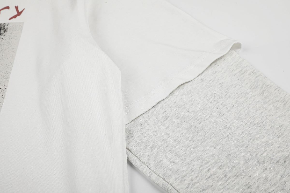 BLACK ENERGY PHOTO PRINT LAYERED SWEATSHIRT; White; garment construction detail