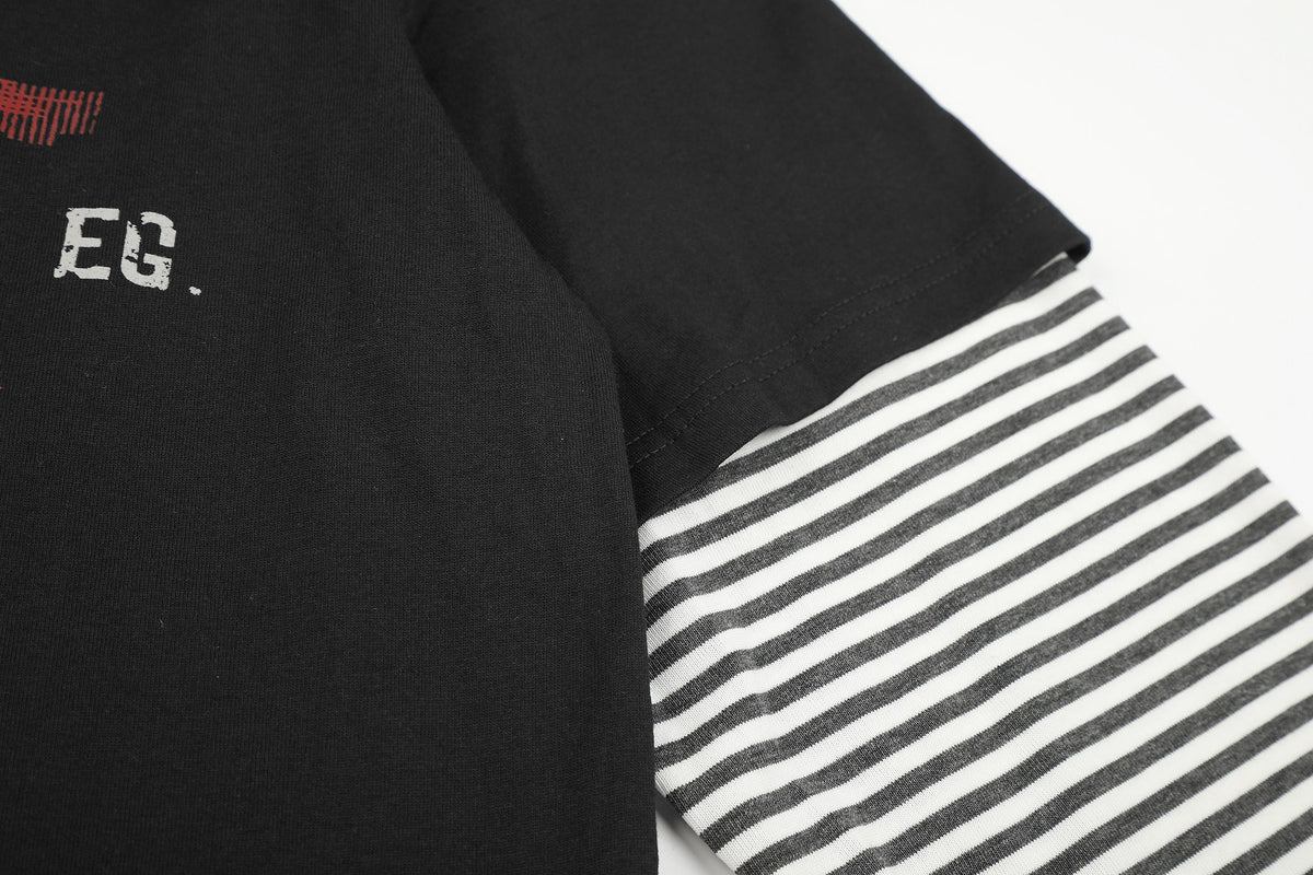 BLACK ENERGY STRIPED LAYERED LETTER SWEATSHIRT; Black; garment construction detail