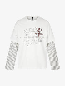 BLACK ENERGY STRIPED LAYERED LETTER SWEATSHIRT; White; front view