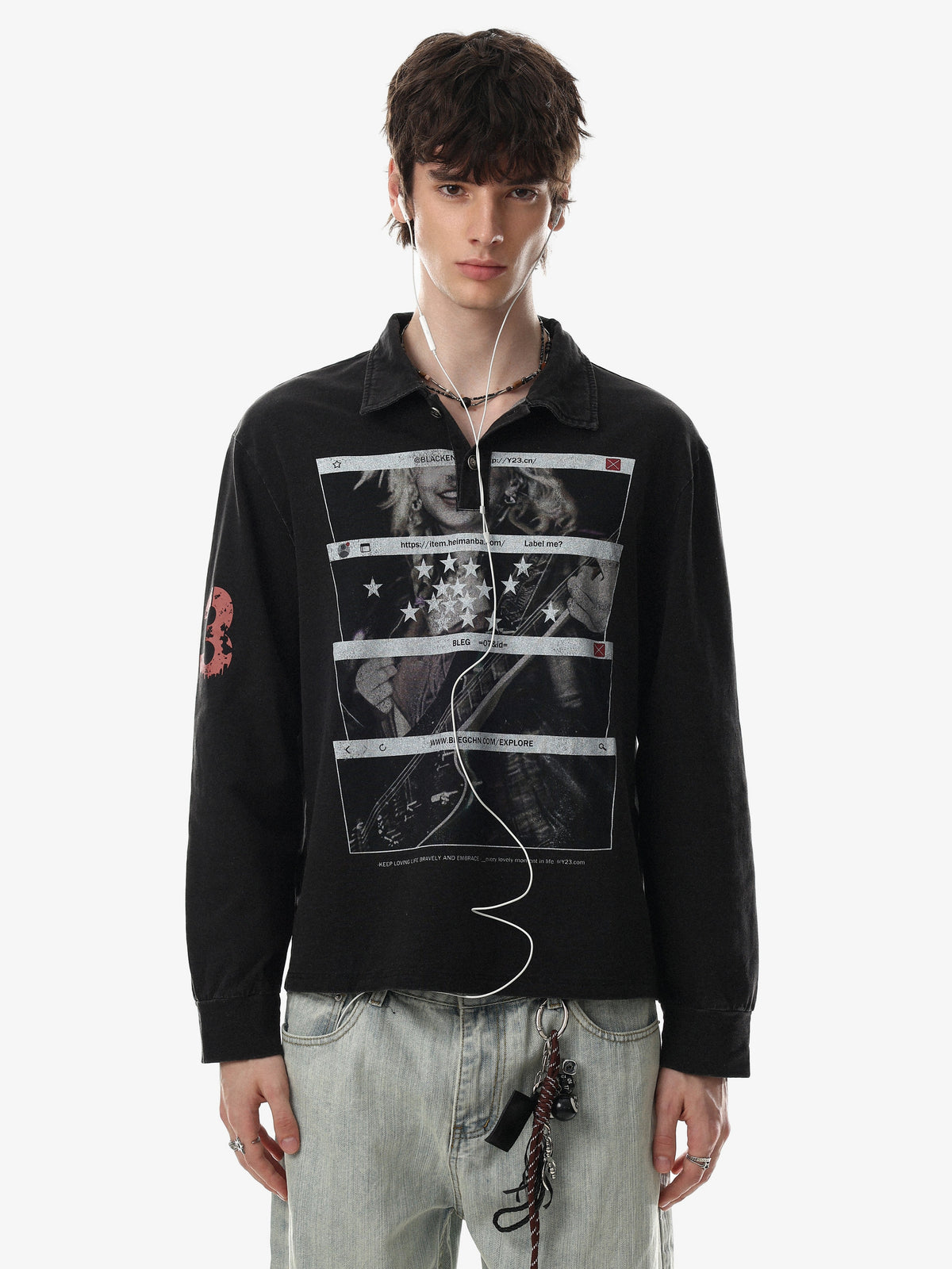 BLACK ENERGY DISTRESSED PHOTO POLO COLLAR SWEATSHIRT; Black; model view