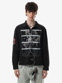 BLACK ENERGY DISTRESSED PHOTO POLO COLLAR SWEATSHIRT; Black; model view
