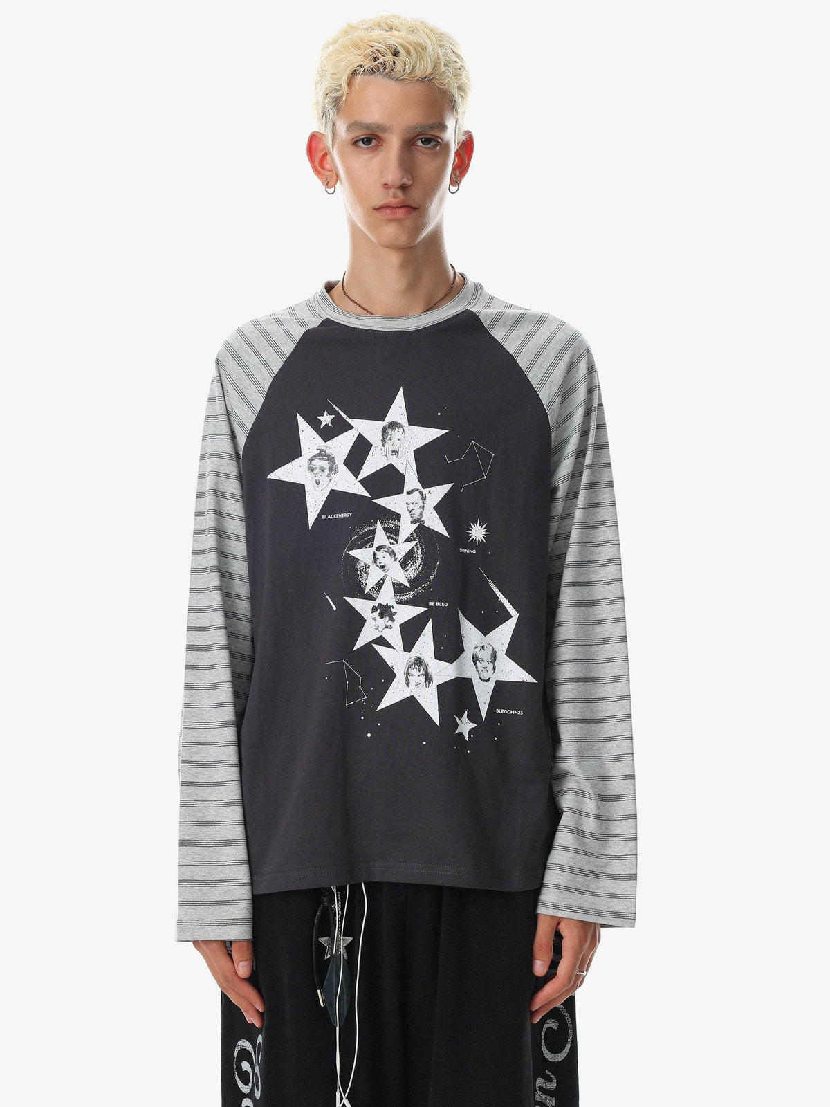BLACK ENERGY STAR COLLAGE STRIPE SLEEVE SWEATSHIRT; Dark Gray; model view
