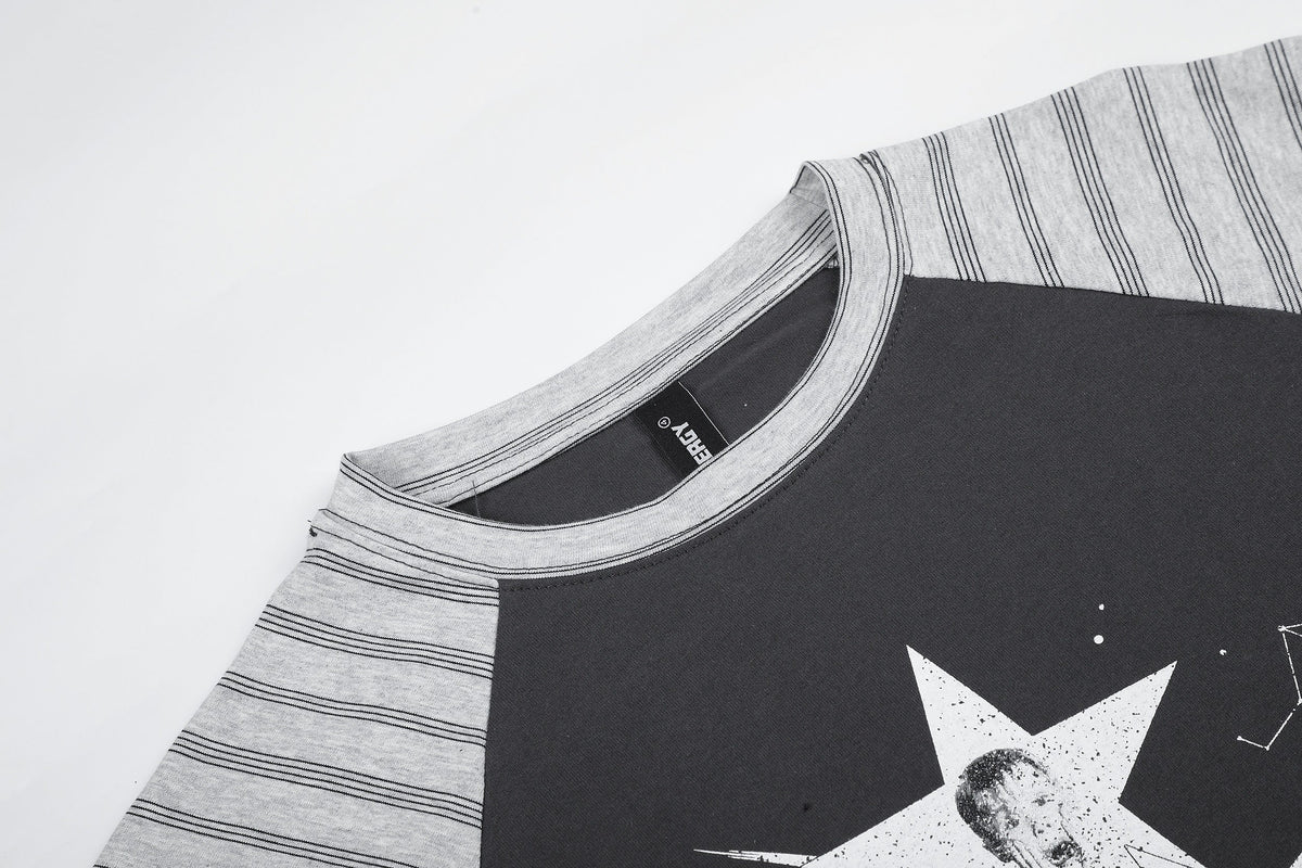 BLACK ENERGY STAR COLLAGE STRIPE SLEEVE SWEATSHIRT; Dark Gray; garment construction detail