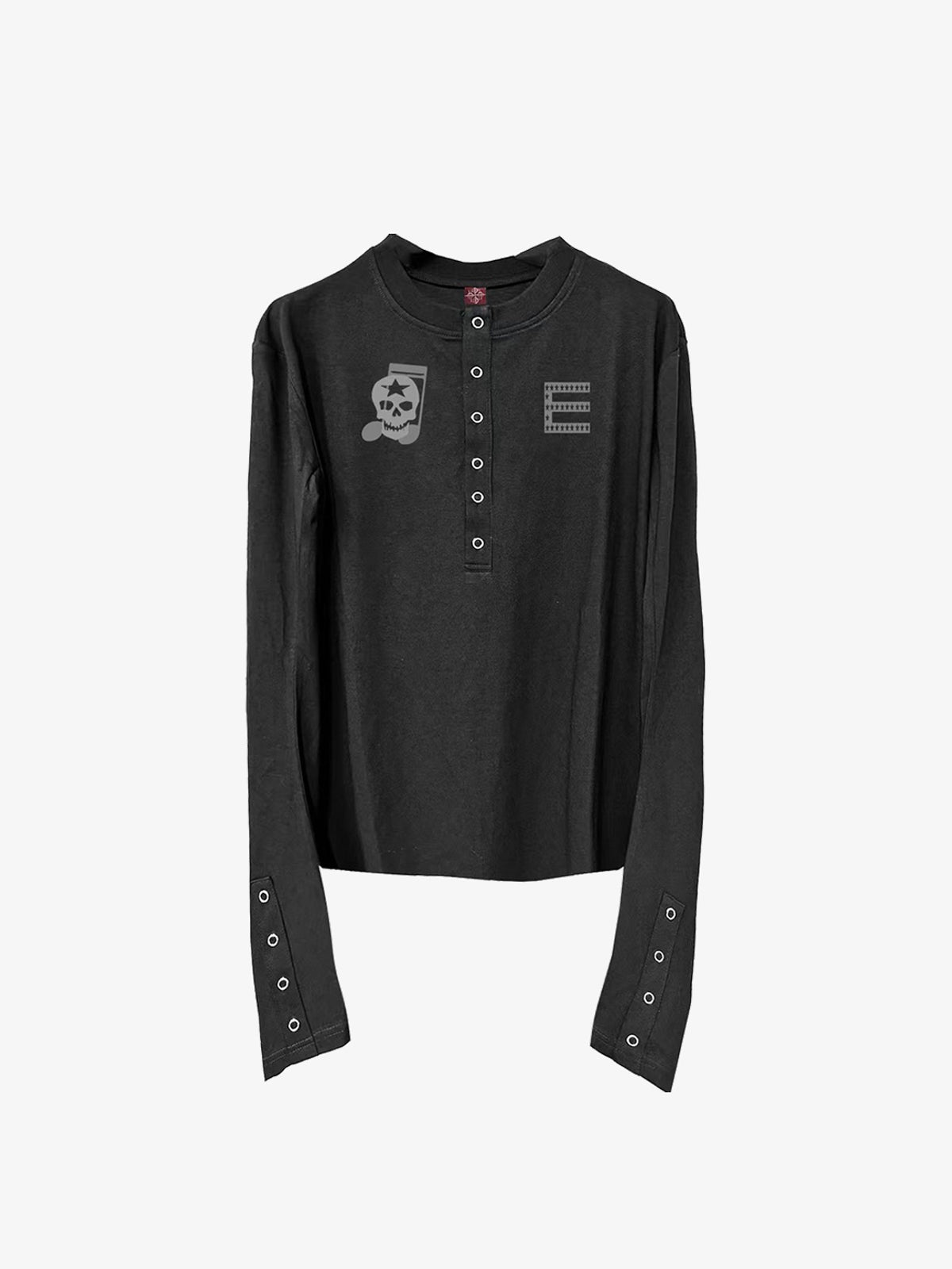DETW SKULL GRAPHIC HENLEY SWEATSHIRT; Black; front view