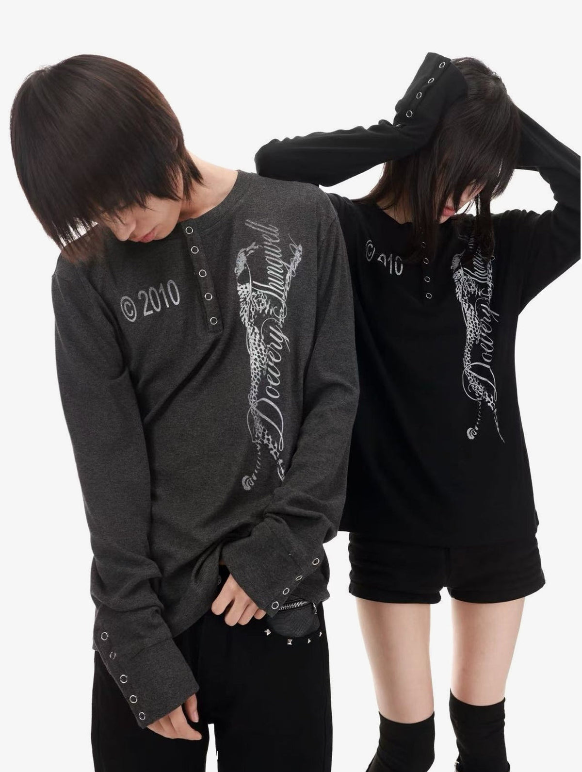 DETW PANTHER GRAPHIC HENLEY SWEATSHIRT; Black, Gray; multiple colorways modeled together