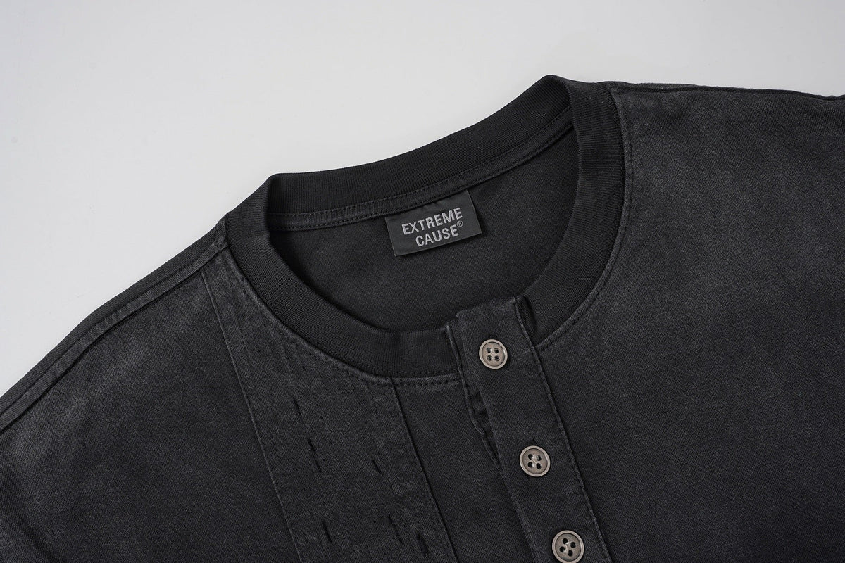 EXTREME CAUSE HENLEY CHECK CUFF SWEATSHIRT; Black; garment construction detail