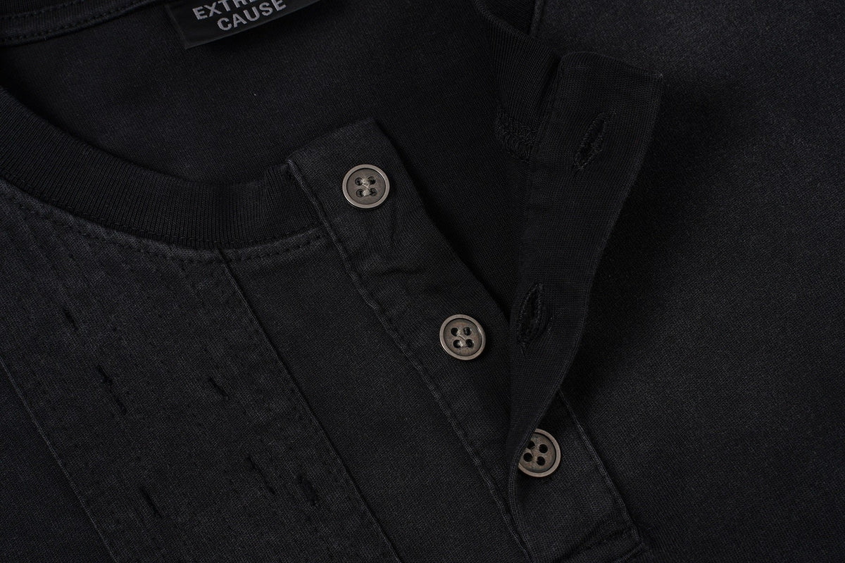 EXTREME CAUSE HENLEY CHECK CUFF SWEATSHIRT; Black; garment construction detail