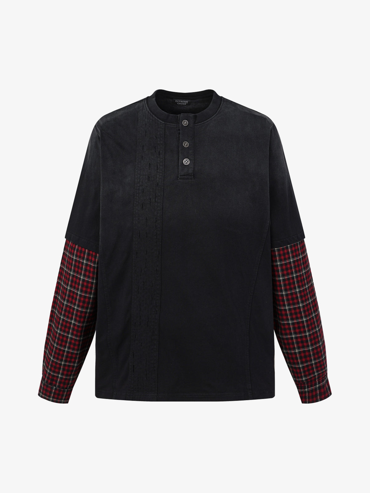 EXTREME CAUSE HENLEY CHECK CUFF SWEATSHIRT; Black; front view