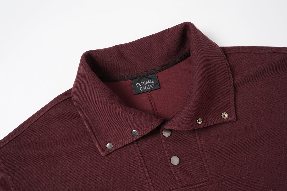 EXTREME CAUSE SNAP COLLAR WASHED SWEATSHIRT; Red; garment construction detail