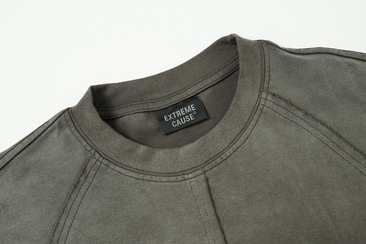 EXTREME CAUSE WASHED DRAWSTRING SEAM SWEATSHIRT; Brown; garment construction detail