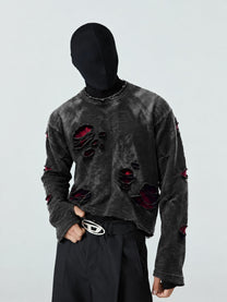GUO WEAR RED UNDERLAY DISTRESSED SWEATSHIRT; Black; model view