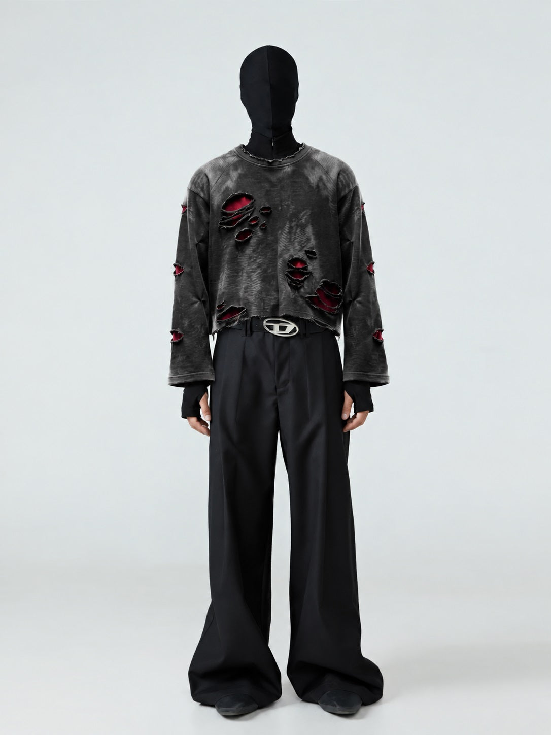 GUO WEAR RED UNDERLAY DISTRESSED SWEATSHIRT; Black; model view