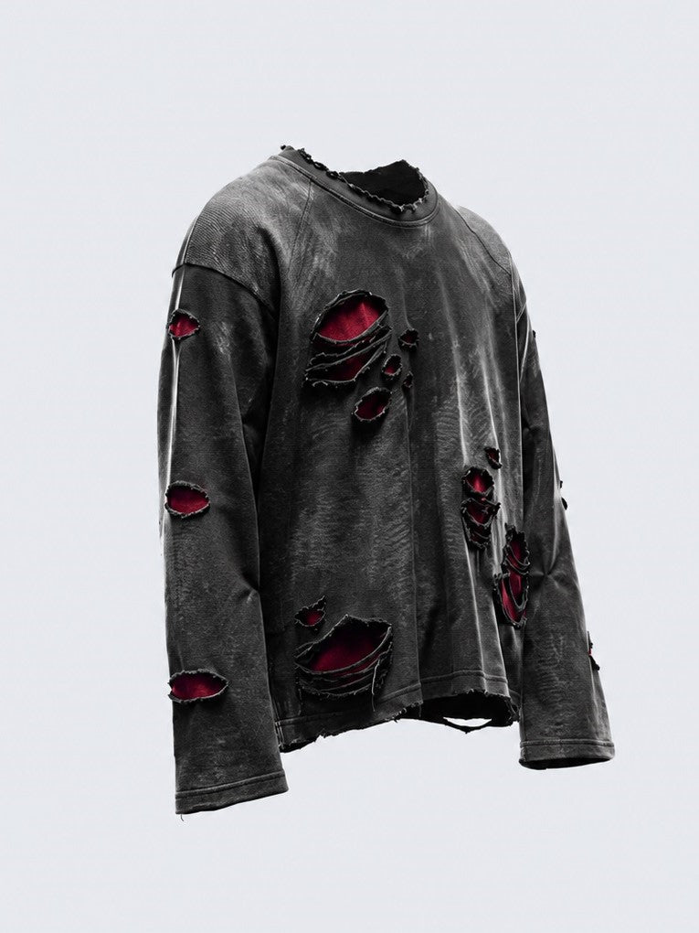 GUO WEAR RED UNDERLAY DISTRESSED SWEATSHIRT; Black; front view