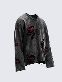 GUO WEAR RED UNDERLAY DISTRESSED SWEATSHIRT; Black; front view