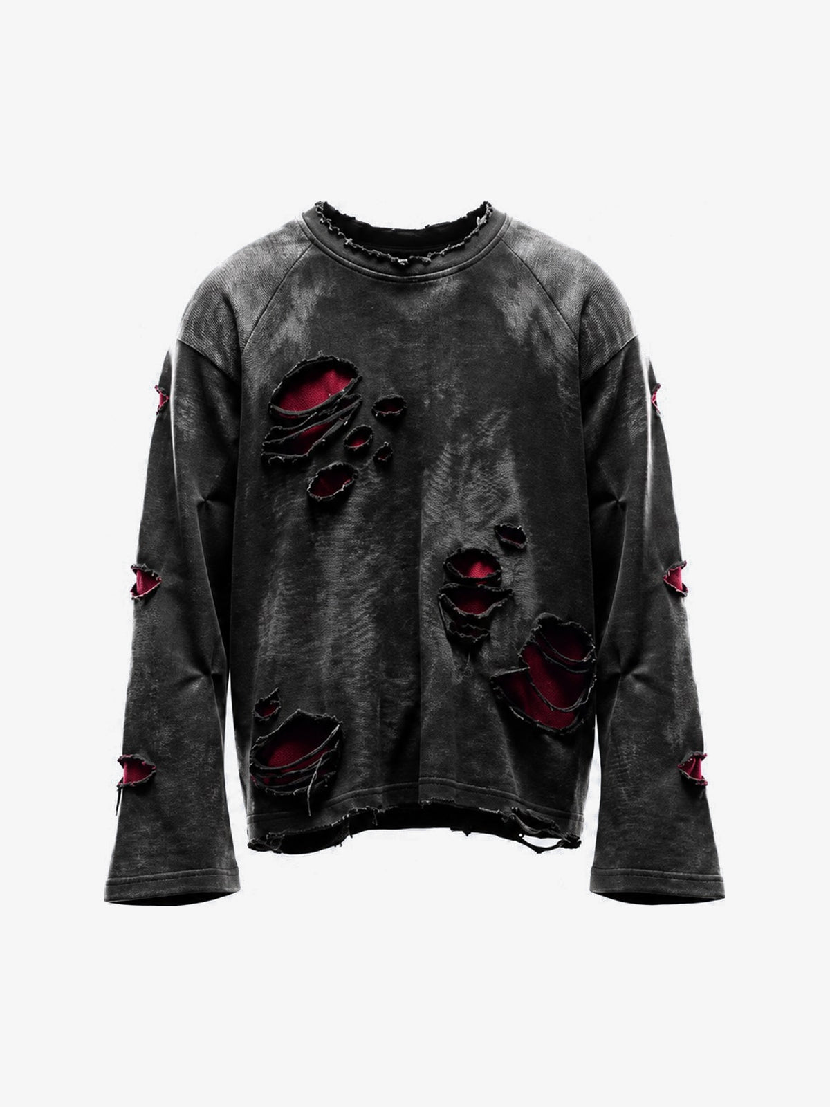 GUO WEAR RED UNDERLAY DISTRESSED SWEATSHIRT; Black; front view