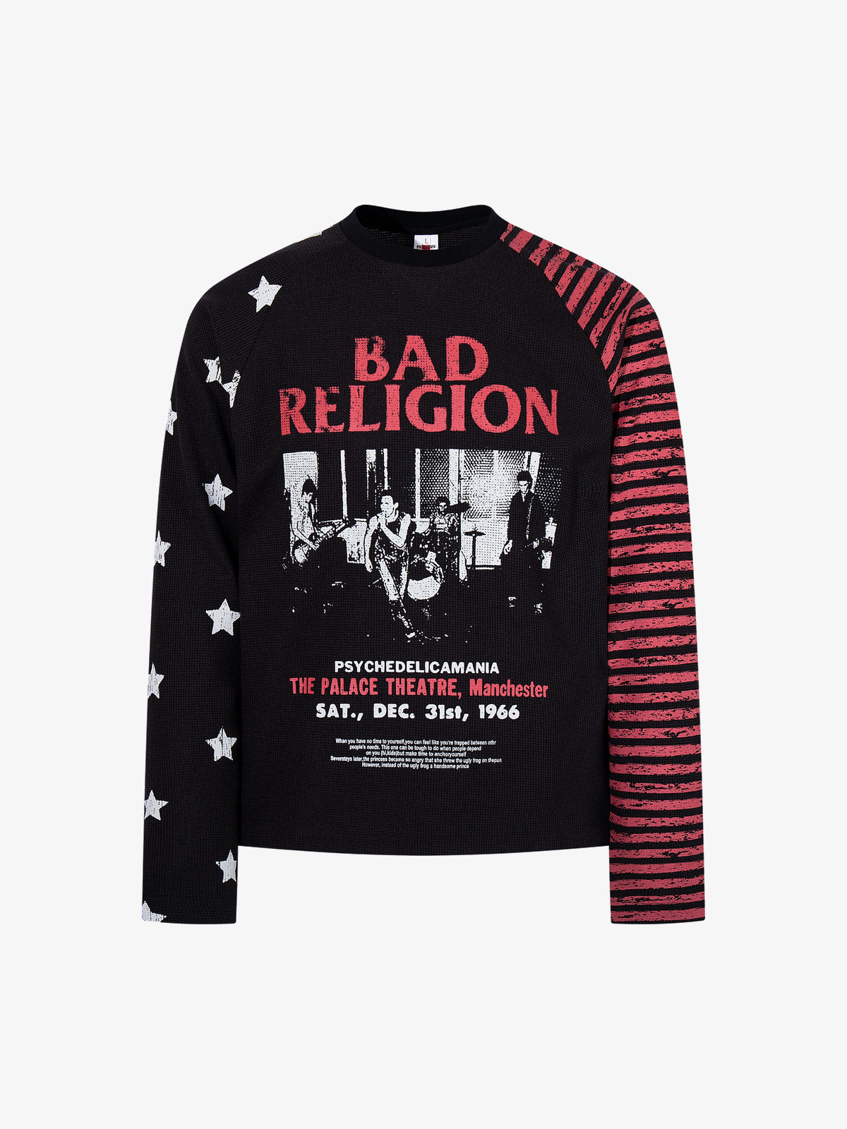 MCCNN STRIPED SLEEVE BAND POSTER SWEATSHIRT; Black; front view