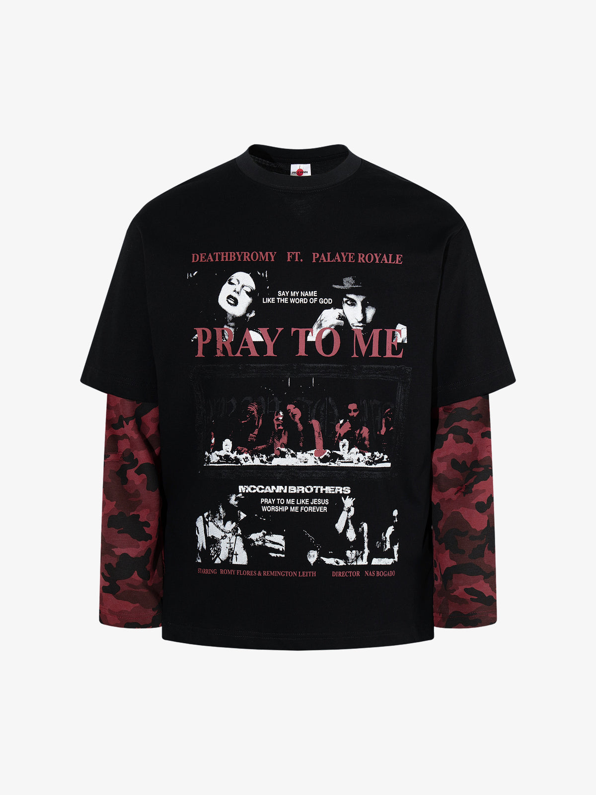 MCCNN CAMO SLEEVE LAYERED GRAPHIC SWEATSHIRT; Black; front view