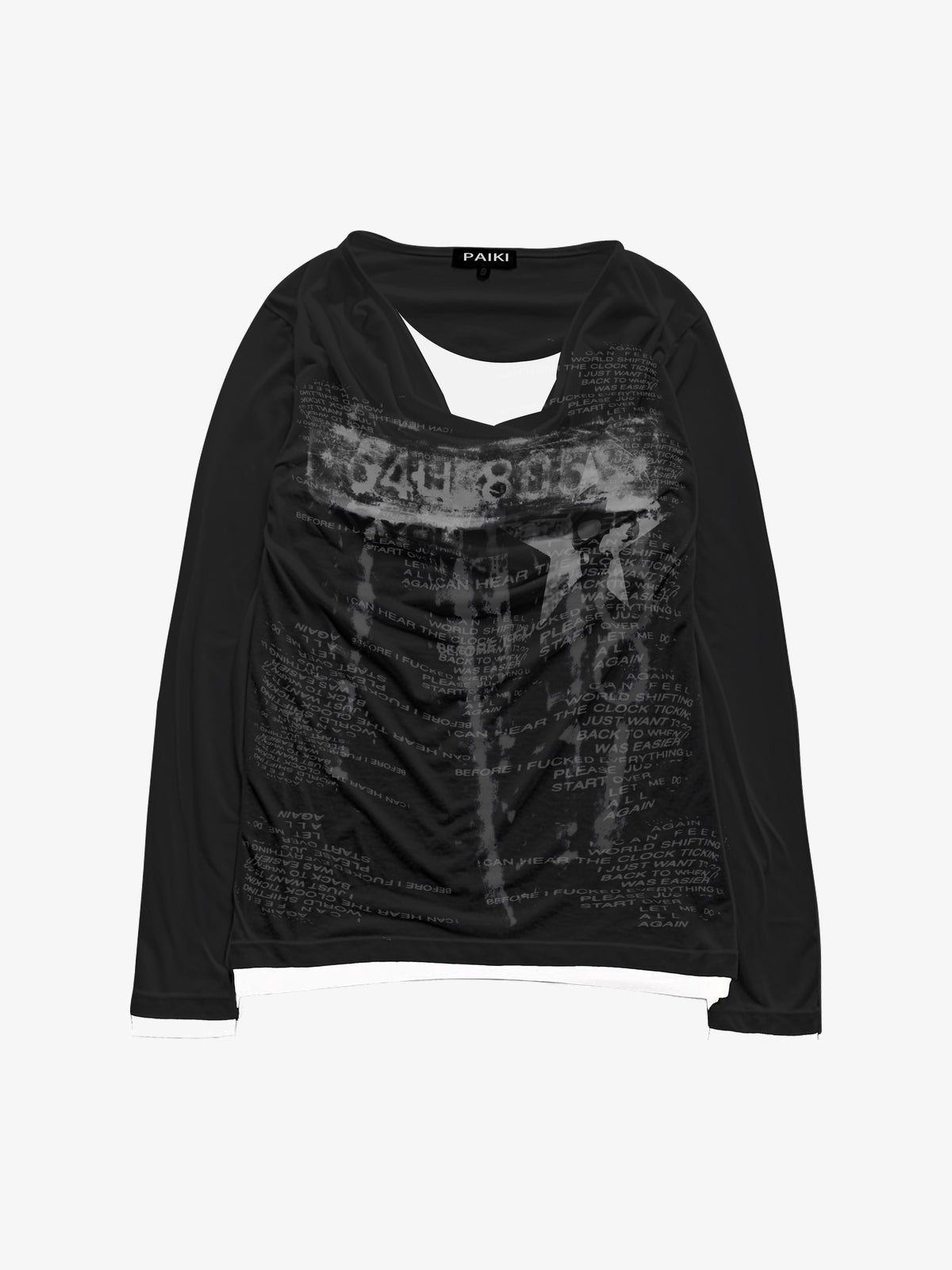 PAIKI LAYERED COLLAR GRAPHIC SWEATSHIRT; Black; front view