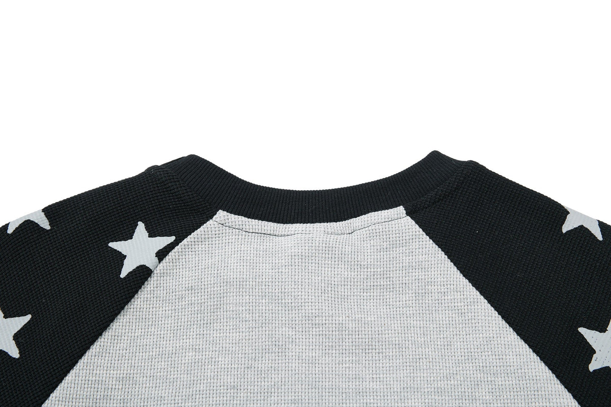 SKATE PARK RAGLAN STAR GRAPHIC SWEATSHIRT; Gray; garment construction detail